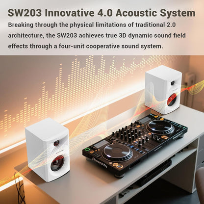 SW203 4.0 Computer Speakers - 60W 4-Way DSP Control 3D Immersive Sound - 3" Carbon Fiber Woofer & 20mm Silk Dome Tweeter - 24bit DAC USB/Bluetooth 5.4/AUX - Studio-Grade Audio (Pair, White)