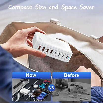 USB C Charger Block Charging Station - 200W Fast GaN 8-Port Multiple USB Charging Hub,65W Laptop Charger Compatible with MacBook Pro/Air,iPad,iPhone 16/15/14, Samsung S25/24,DELL,Steam Deck,5ft Cord