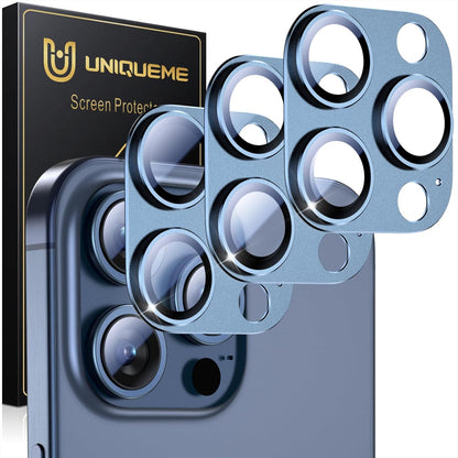 UniqueMe for 3 Pack iPhone 15 Pro/iPhone 15 Pro Max Camera Lens Protector, [Drop Protection] [Case Friendly] Camera Cover Screen [Update New Version] - All-Blue