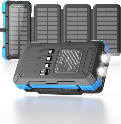 Solar Charger Power Bank 49800mAh with 4 Built-in Cables & 3 Foldable Panels, PD22.5W Fast Portable Phone Charger, External Battery Pack with USB-C in/Output & Flashlight for Outdoor Camping