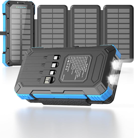 Solar Charger Power Bank 49800mAh with 4 Built-in Cables & 3 Foldable Panels, PD22.5W Fast Portable Phone Charger, External Battery Pack with USB-C in/Output & Flashlight for Outdoor Camping