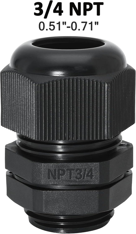 10 Pcs 3/4" NPT Nylon Cable Glands, IP68 Waterproof Adjustable Cord Grip Cable Connector Strain Relief Wire Protectors for 13-18mm Cable Diameter, Black