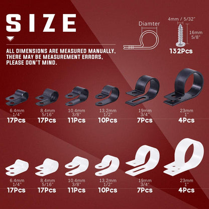 Hilitchi 132 Pcs 6 Sizes Black and White Plastic Cable Clamp R Type Screw Mounting Cord Fastener Cable Clips Assortment Kit with Screws for Wire Management Cable Conduit (Clips from 6mm to 23mm)