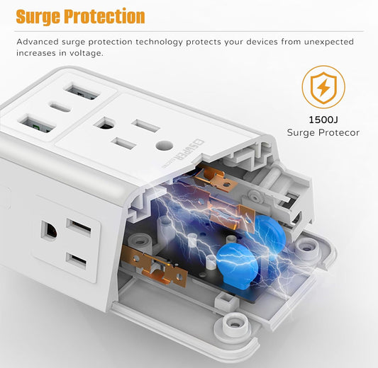USB Wall Charger Surge Protector, Super Electro 6 Outlet Extender with 3 USB Charging Ports (5V 3.4A Total) and Night Light, 3-Sided 1500J Multi Plug Wall Outlet for Home, Office, ETL Listed