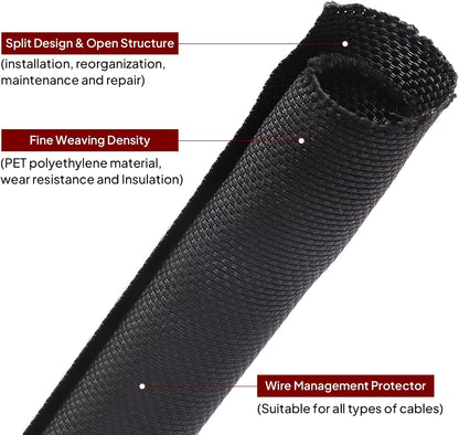 Black Braided Cable Management Sleeves Wire Loom Tubing Cord Protector Self-Wrapping (3/4"-12Feet)