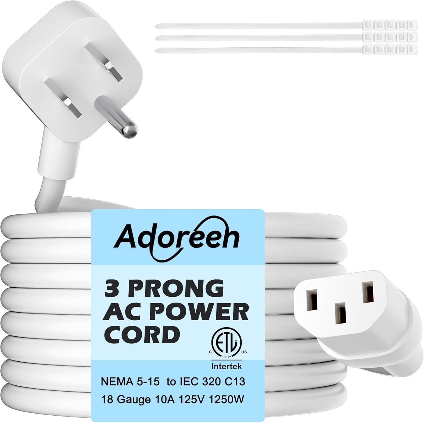 Adoreen 6 Ft Computer TV Replacement Power Cord White, Low Profile Flat Plug 18AWG 3-Prong AC Universal Power Supply Cable NEMA 5-15P to IEC 320 C13 for Printer, PC, Monitor TV LCD, ETL+Ties