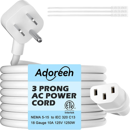 Adoreen 2 Ft Computer TV Replacement Power Cord White, Low Profile Flat Plug 18AWG 3-Prong AC Universal Power Supply Cable NEMA 5-15P to IEC 320 C13 for Printer, PC, Monitor TV LCD, ETL+Ties
