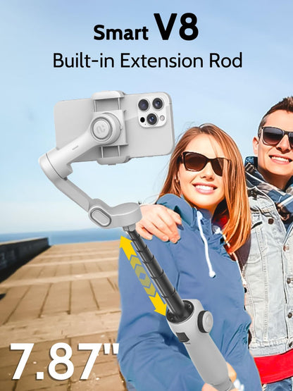 Cellphone Gimbal for Video Recording w/AI Tracking,3 -axis Vlogging Gimbal stabilizer for iPhone w/OLED Display, Smartphone Holder w/7.8' Extension Rod, Trigger Button Smart V8(White)