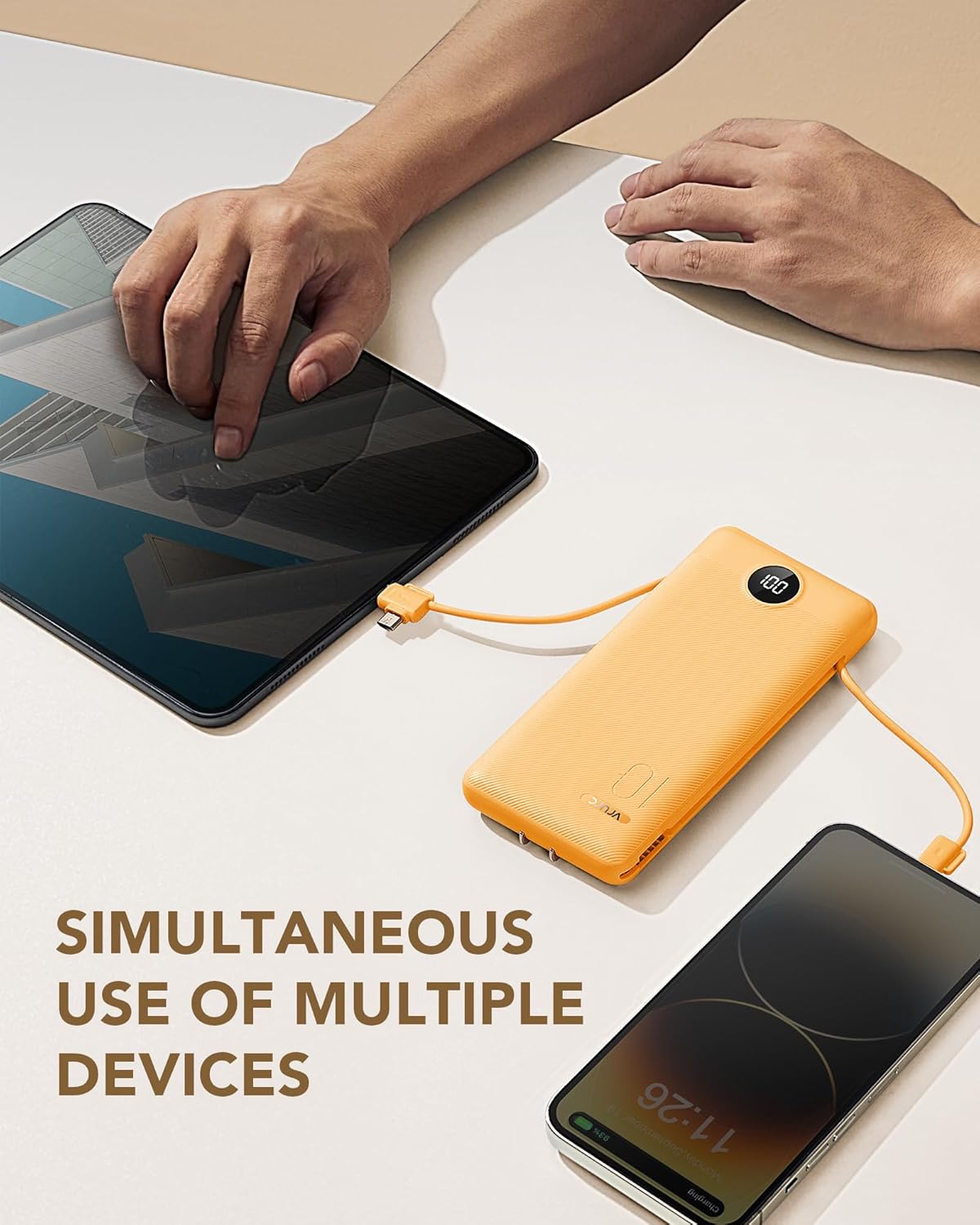 VRURC Portable Charger Built-in Cables and AC Wall Plug, USB C Power Bank 10000mAh, Travel Battery Phone Charger Compact Lightweight External Battery Pack for Smart Phones, Tablets etc-Orange