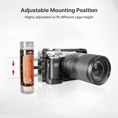 R075 Wooden Handle Grip Left Right Compatible for Sony A6400 A6600 A7III A7IV Nikon Canon Panasonic Camera Cage, for iPhone/Smartphone Video Rig Video-graphy Accessories Mobile Filming 1/4" Bracket