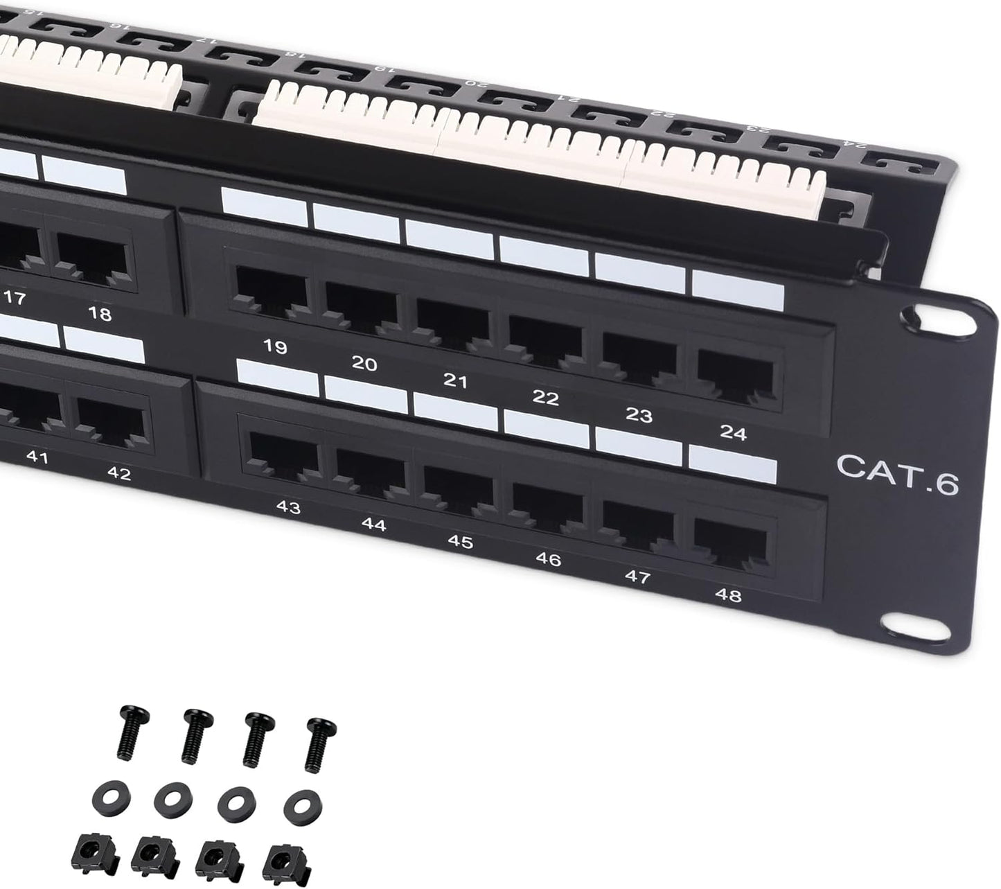 [UL Listed] Cable Matters 48 Port Patch Panel Rackmount or Wall Mount 19-Inch with Support Bar, 2U Cat6 Network Patch Panel for 10 Gigabit Ethernet, 110 or Krone Impact Tools Compatible