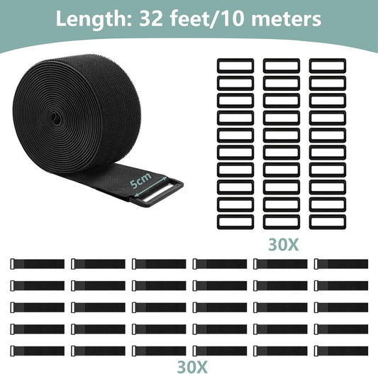 1.5In x 32Ft Cable Straps Heavy Duty With 40 Buckles, Black Hook and Loop Straps, Reusable Cable Ties for Organizer or Storage