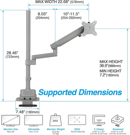 AVLT Single 40 Inch Monitor Arm Pole Top Mount with USB-C USB-A Ports-Gray, Supports 26.4 lbs (12kg), Ultrawide Screen fit, VESA Compatible, Tilt, Swivel, Rotate, Ergonomic Adjustable Height, Durable