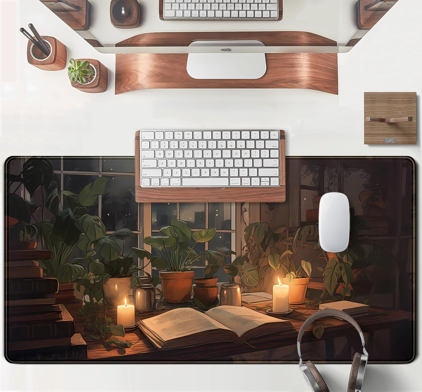 Cute Book Lover Desk Mat Dark Academia Mouse pad XXL Large Extended Mousepad Gaming Desk Pad with Stitched Edges, Cozy Lofi Deskmat Laptop Computer Keyboard and Mouse Mat Decor Pad, 31.5x15.7 in