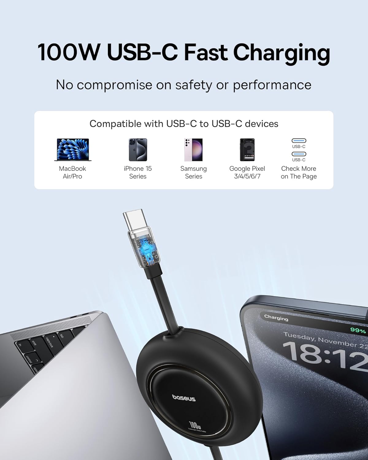 Baseus USB C Cable, 100W 2-Pack 6.6ft Retractable USBC to USBC Fast Charging Cable, 7-Stage Length Preset Retractable Type C Cord for iPhone 16 15 Pro Plus Pro Max, MacBook, iPad Pro, Samsung S24/S23