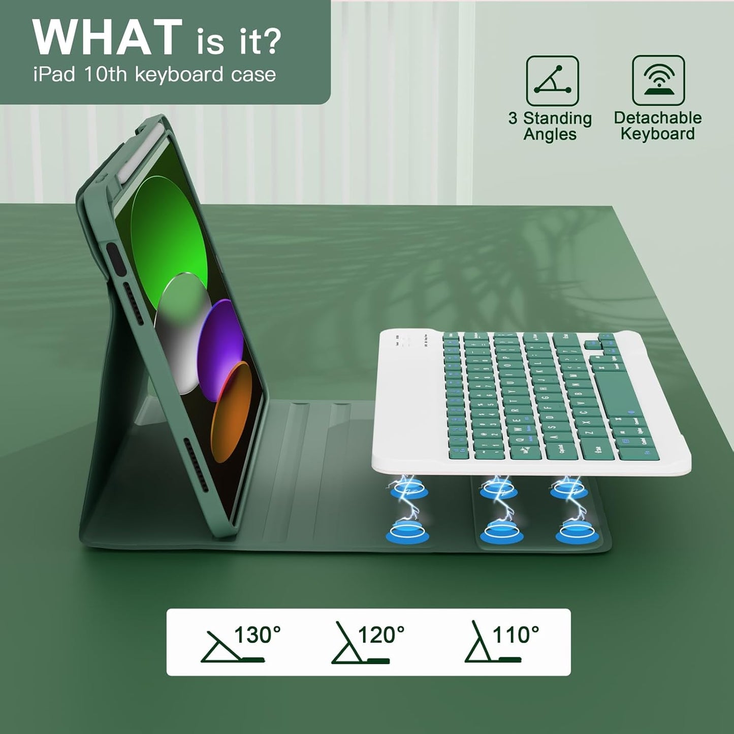 NOKBABO for iPad 11th 10th Generation Case with Keyboard, Magnetic Wireless Detachable Folio case with Pencil Holder, Keyboard for ipad 11th(A16,2025) & iPad 10th Generation(2022) - Midnight Green