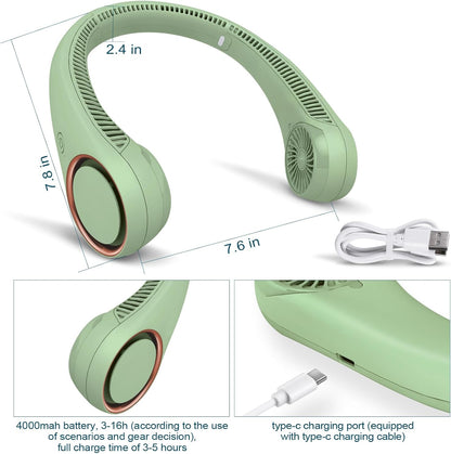 CIVPOWER Neck Fan: Portable Personal Neck Cooling Rechargeable Bladeless Fan - Hands Free 3 Speed 4000 mAh Battery USB Operated Wearable Headphone Design - for Men Women Outdoor Indoor (Light Green)