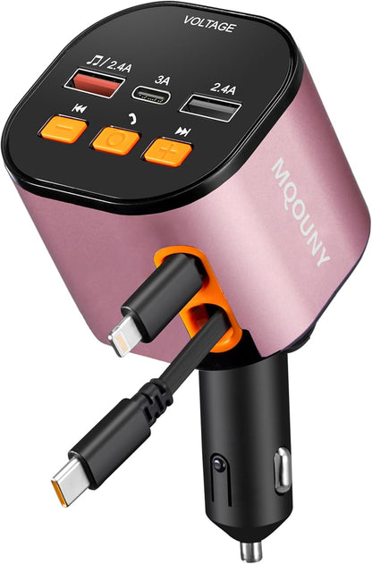Retractable Car Charger,5 in 1 Fast Car Phone Charger 90W,Bluetooth 5.3 FM Transmitter Adapter,Handsfree Call,2 Retractable Cables and USB Cars Chargers for iPhone 15/14/13 (Pink)