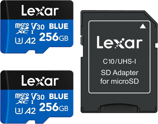 Lexar 256GB 2 Pack Blue Micro SD Card Up to 160MB/s, microSDXC UHS-I Memory Card with SD Adapter, C10, U3, A2, V30, Full HD, 4K UHD, High Speed TF Card