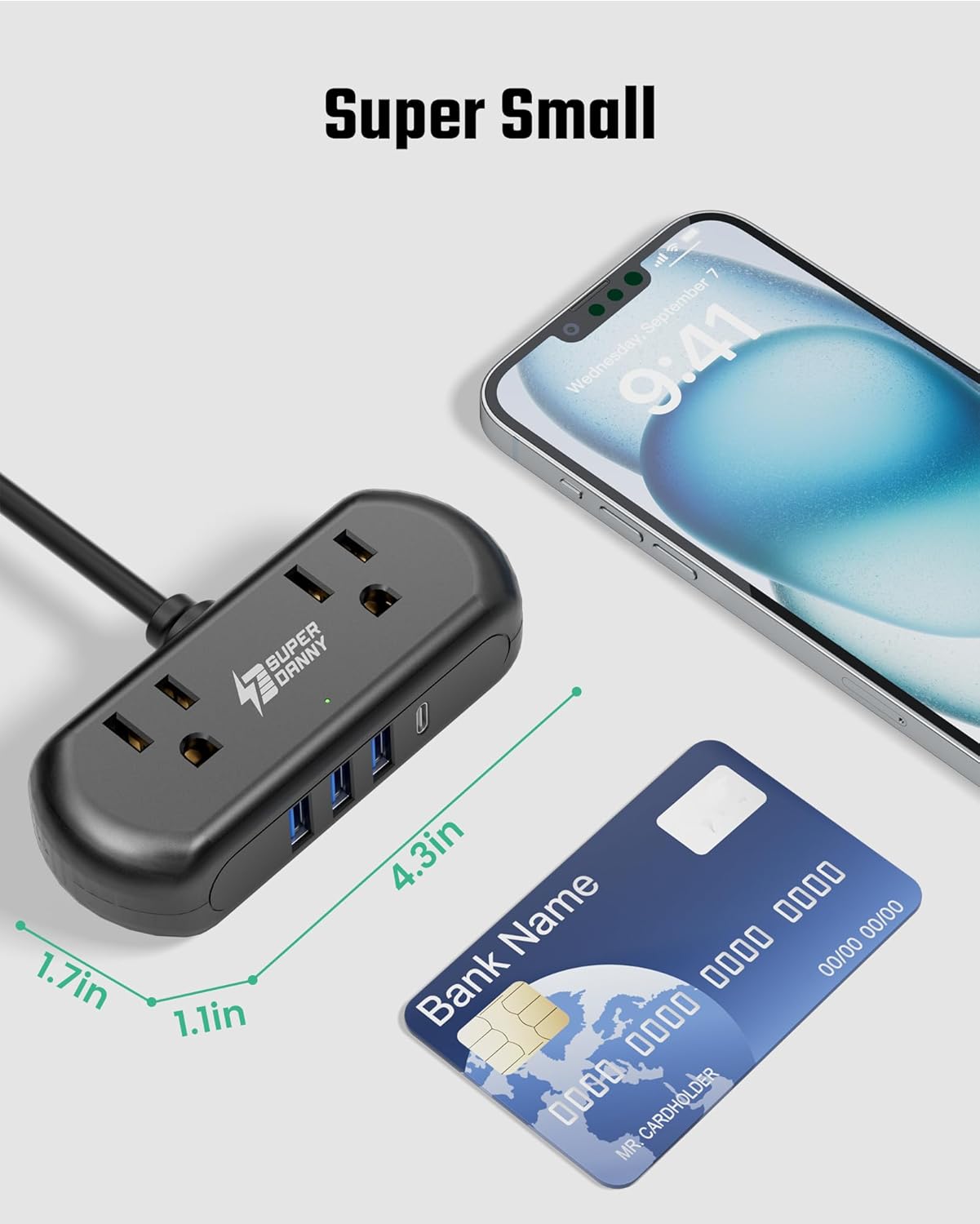 2Ft Extension Cord, SUPERDANNY Mini Surge Protector with 2 Wide-Spaced Outlets, USB Power Strip, 3 USB-A 1 USB-C, Flat Plug, Compact Size Desktop Charging Station Travel, Home, Office, Black