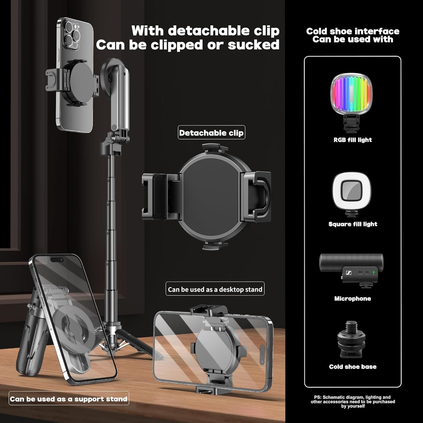 Magnetic Tripod for Phone with Remote Control, Extendable Selfie Stick Handle Grip Pocket Size, 4-in-1 Mini Phone Grip, 10m Wireless Shutter for iPhone Android Phones （Black）