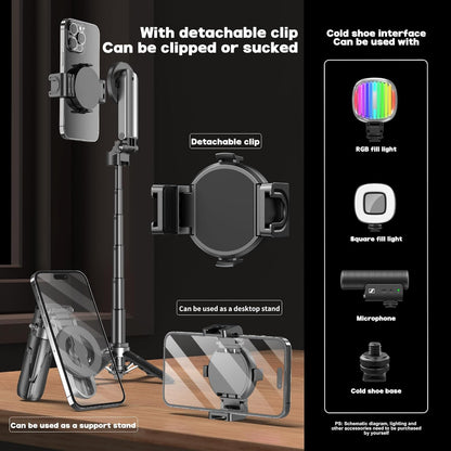 Magnetic Tripod for Phone with Remote Control, Extendable Selfie Stick Handle Grip Pocket Size, 4-in-1 Mini Phone Grip, 10m Wireless Shutter for iPhone Android Phones （Black）