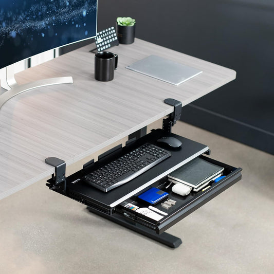 VIVO Large Height Adjustable Clamp-on Keyboard Tray, Extra Sturdy Pull Out Platform with Storage Drawer, 27 (33 Including Clamps) x 11 inch Slide-Out Tray with Organizer, Black, MOUNT-KB05HB-DR