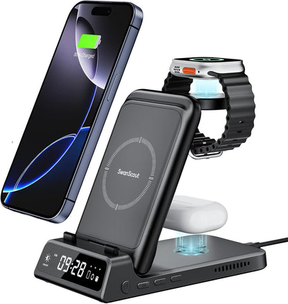 Charging Station for iPhone, SwanScout 703A, Wireless Charger for iPhone 16/15/14/13/12/11 Series, for Apple Watch 10/Ultra 2/9/8/7/6/5/SE 2, for Airpods Pro 2/4, Travel Foldable and Portable