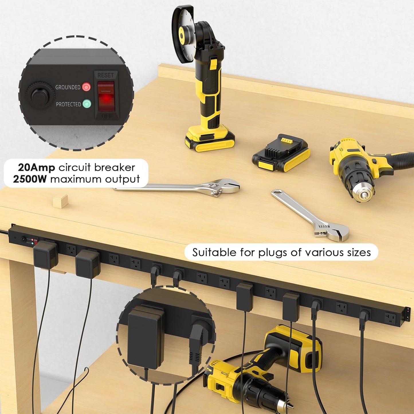 JUNNUJ Long Metal 16 Outlet Power Strip, Heavy Duty Power Strips Surge Protection 4800J with Circuit Breaker, 20a Wide Spaced Socket Wall Mount 5-15P Adapter High Amp 6-20R T-Slot 4FT Extension Cord