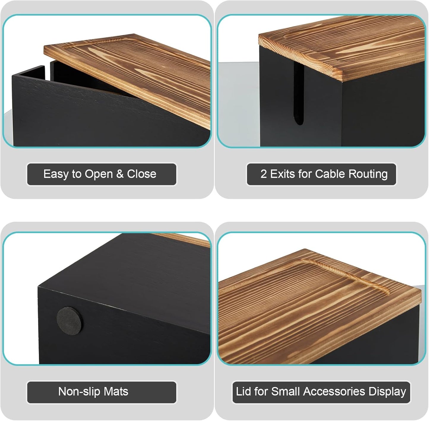 Bivvclaz Large Cable Management Box, Wooden Cord Organizer Box for Desk, Floor, Office to Hide Extension Cords Power Stripes Surge Protectors Chargers Wires, Black