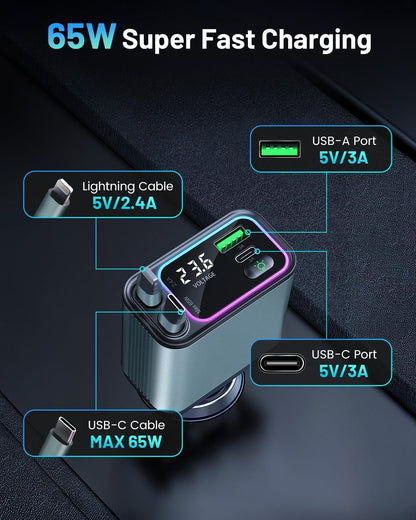 [2 Pack] 4 in 1 Retractable Car Charger with RGB Light, 92W Fast Charging USB C Car Adapter, Compact Car Phone Charger for iPhone/Galaxy/Pixel, Car Accessories for Women Men (Lightning + Type C Cable)