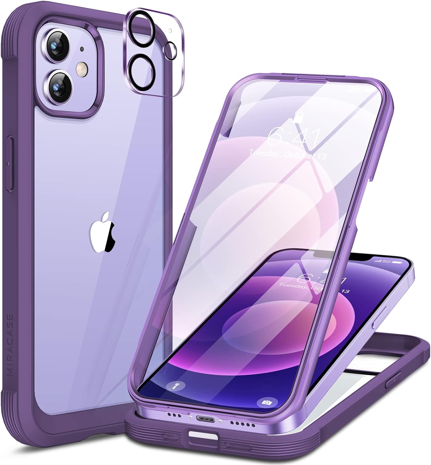 Miracase Glass Series for iPhone 12/12 Pro Case 6.1 inch, Upgraded Full-Body Rugged Phone Bumper Case Cover with Built-in 9H Tempered Glass Screen Protector and Camera Protector, Purple
