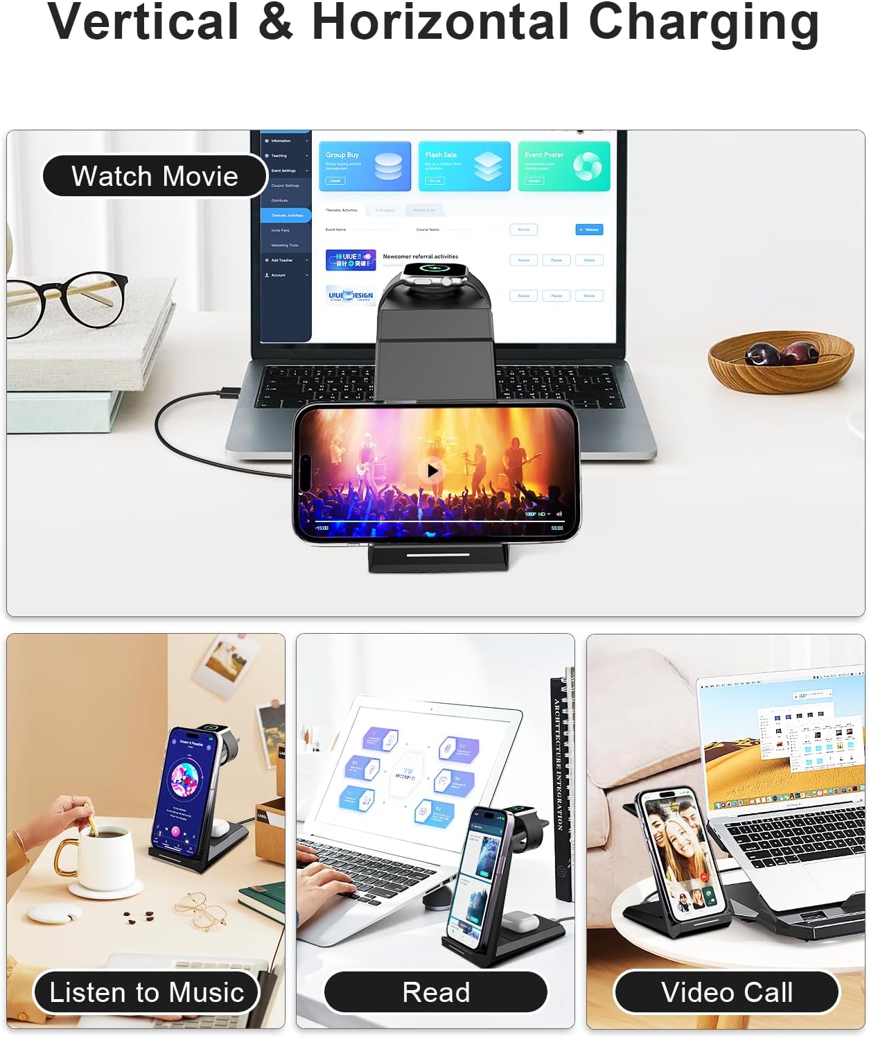 Wireless Charging Station for iPhone - ADADPU 3 in 1 Charger Stand for iPhone 16 Pro Max 15 14 13 12 11 Pro Max XR 8 Plus, for Apple Watch 8/7/SE/6/5/4/3/2,AirPods Pro/3/2(with 5ft Cable and Adapter)