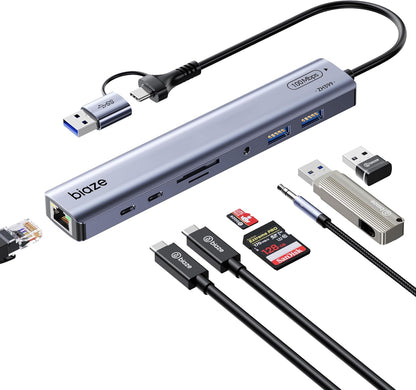 9-in-1 USB/USB C Hub Adapter for MacBook, iPhone,3 USB Ports (2xUSB 3.0, USB 2.0), 100M Ethernet, SD/TF Card Reader, 3.5mm Audio, 2X USB-C Data Ports,No Driver Required