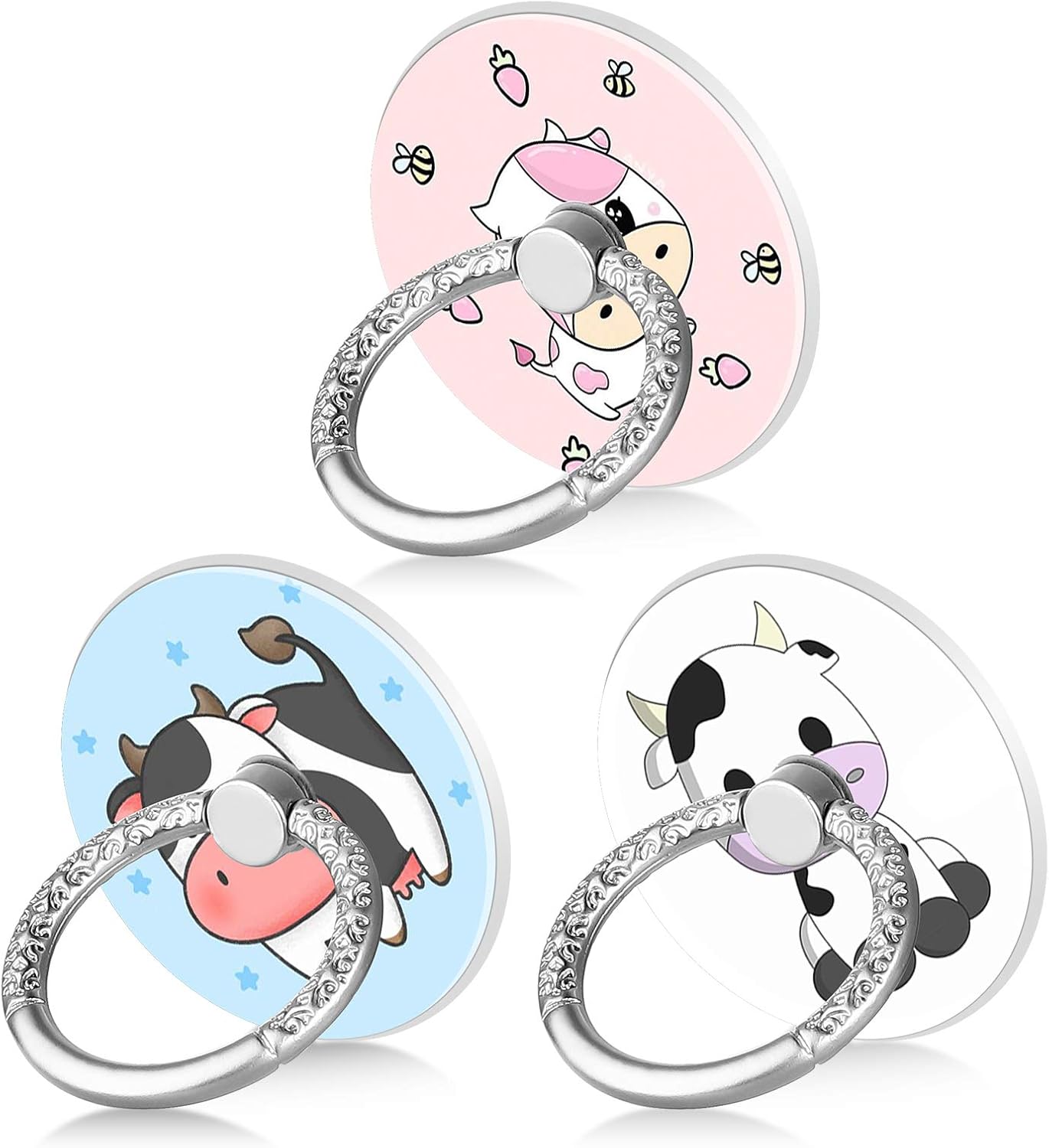 Bonoma Phone Ring Stand, 3 Pack Cute Cow 360 Degree Rotation Finger Grip Stand Holder Compatible with Smartphones and Tablets