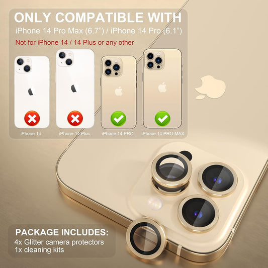 Choiche [3+1 for iPhone 14 Pro/iPhone 14 Pro Max Camera Lens Protector, 9H Tempered Glass Camera Cover Screen Protector Metal Ring Decoration Accessories (Gold)