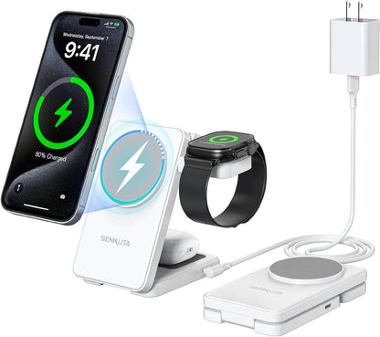 2025 Upgraded Wireless Charger for Apple: 3 in 1 Charging Station Foldable Fast for Apple iPhone 16/15/14/13/12 Max Plus Series - Portable Travel Charger for Apple Watch/Airpods Pro (White)