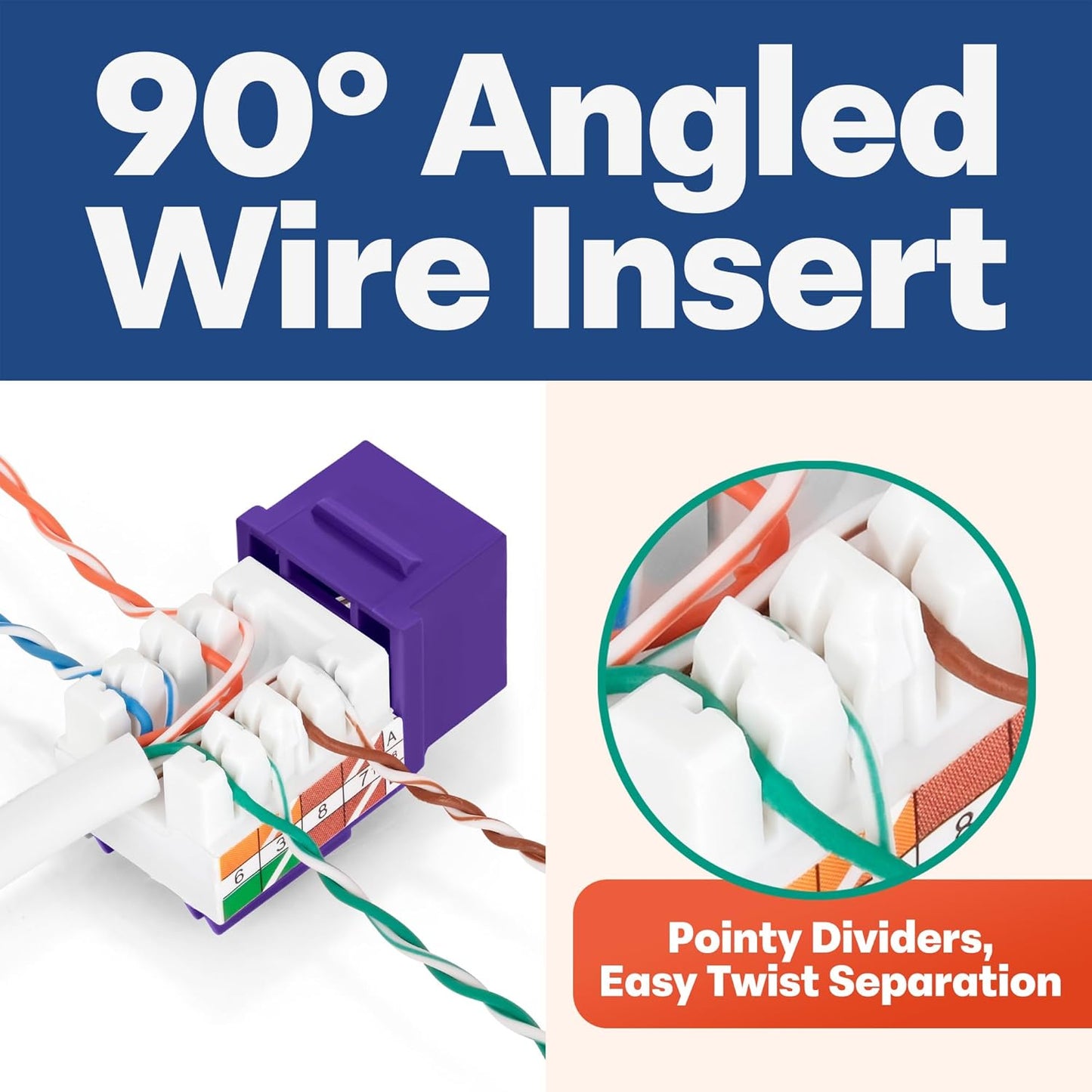 Everest 90° Angled RJ45 Cat5e Keystone Jacks 10-Pack in Purple - Slim Profile Female RJ45 Connectors - Cat 5e Keystone Jack - Compatible with 90° Angled Speed Termination Tool - easyJACK (B094WB91H3)