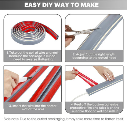 10ft Large Grey Floor Cord Cover, Self-2" (W) x 0.6"(H), Cable Cavity:0.8"(W) x 0.4"(H), Adhesive Power Cable Protector, Silicone Cord Protector, Cord Management, Cord Concealer and Cable Hider
