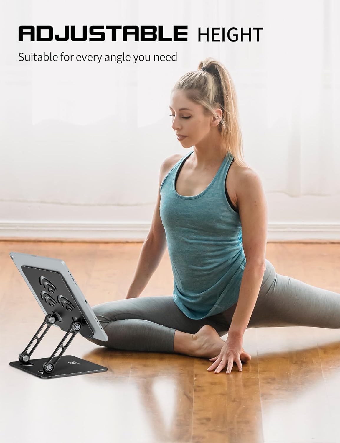 Adjustable Tablet Stand for Desk, Premium Aluminum Holder for iPads, Tablets, Kindles, Switch, Phones, and All Devices up to 14 Inches. Portable and Foldable Black, Plus Size