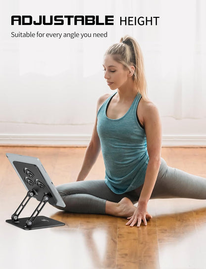 Adjustable Tablet Stand for Desk, Premium Aluminum Holder for iPads, Tablets, Kindles, Switch, Phones, and All Devices up to 14 Inches. Portable and Foldable Black, Plus Size