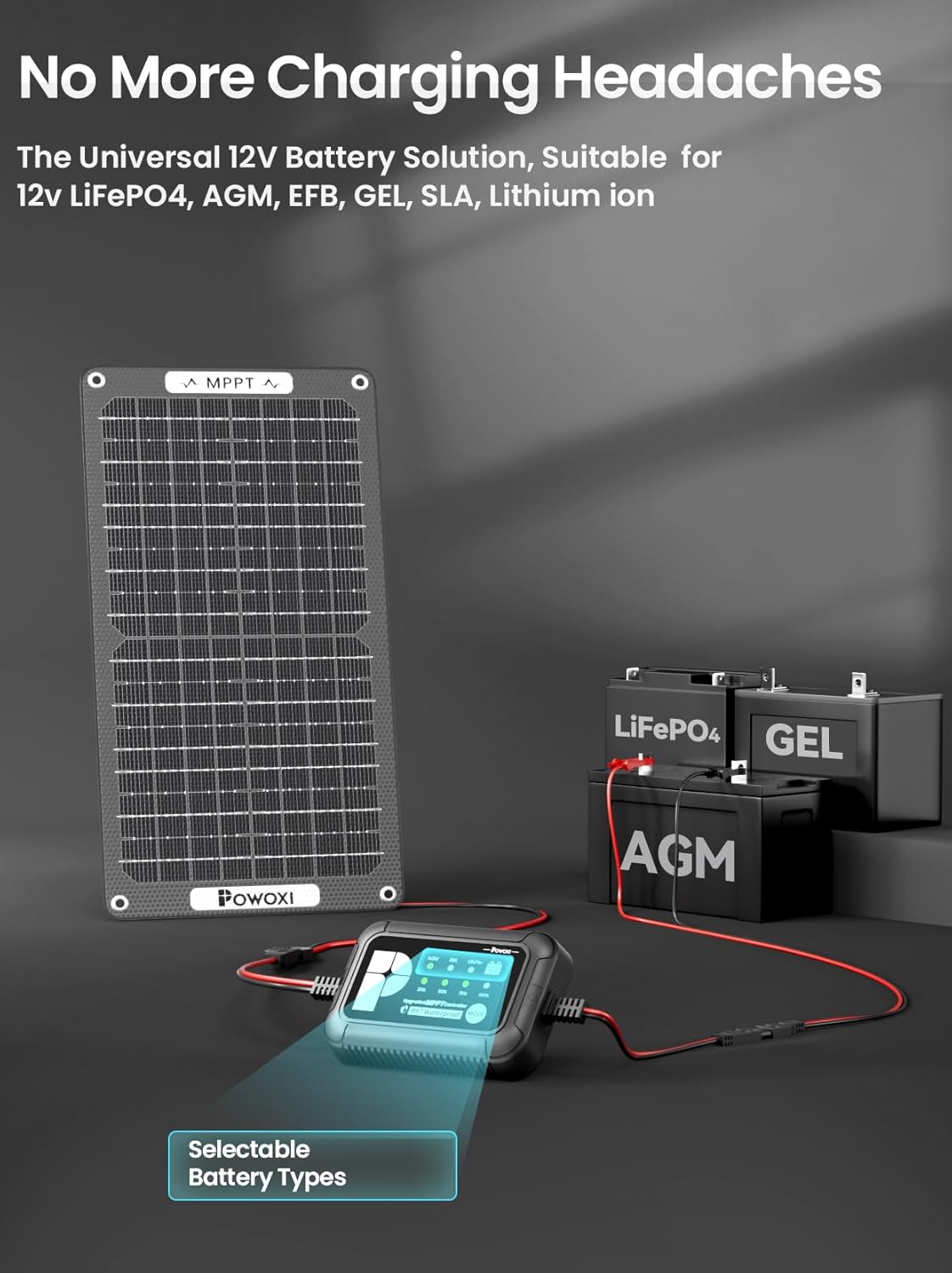 POWOXI 15W Solar Battery Charger: 12V Solar Car Battery Trickle Maintainer - with MPPT Controller Parameter Adjustable - for RV Boat Marine Motorcycle Trailer Truck Tractor - Solar Panel Kit