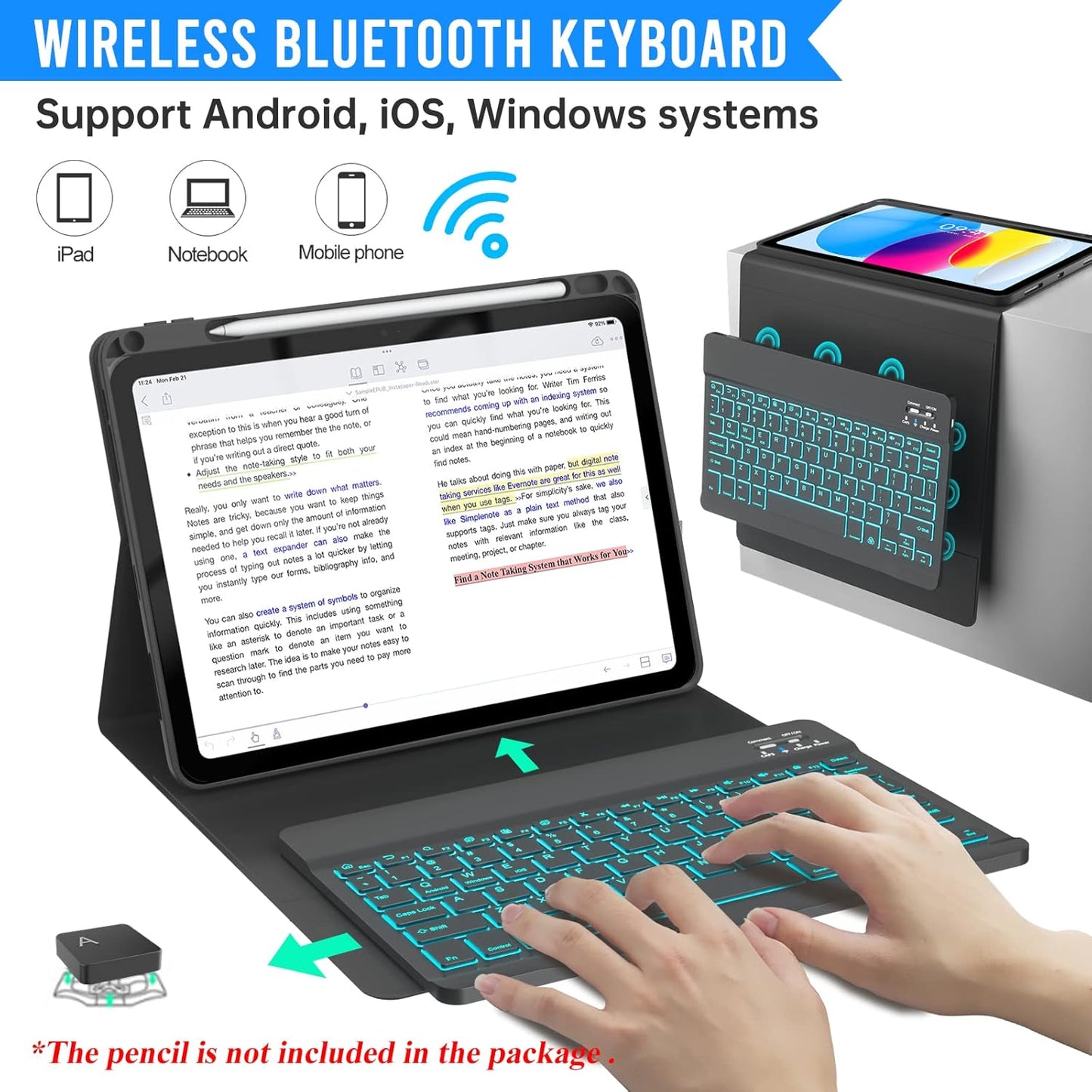 BLUTLOTUS Keyboard Case for iPad 10th Generation 2022 10.9 inch,360° Rotatable Keyboard Case with Pencil Holder, 7 Color Backlit Detachable Bluetooth Keyboard,Smart Folio Tablet Cover (Black)
