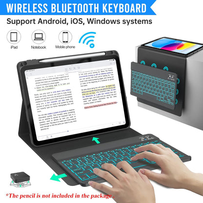 BLUTLOTUS Keyboard Case for iPad 10th Generation 2022 10.9 inch,360° Rotatable Keyboard Case with Pencil Holder, 7 Color Backlit Detachable Bluetooth Keyboard,Smart Folio Tablet Cover (Black)