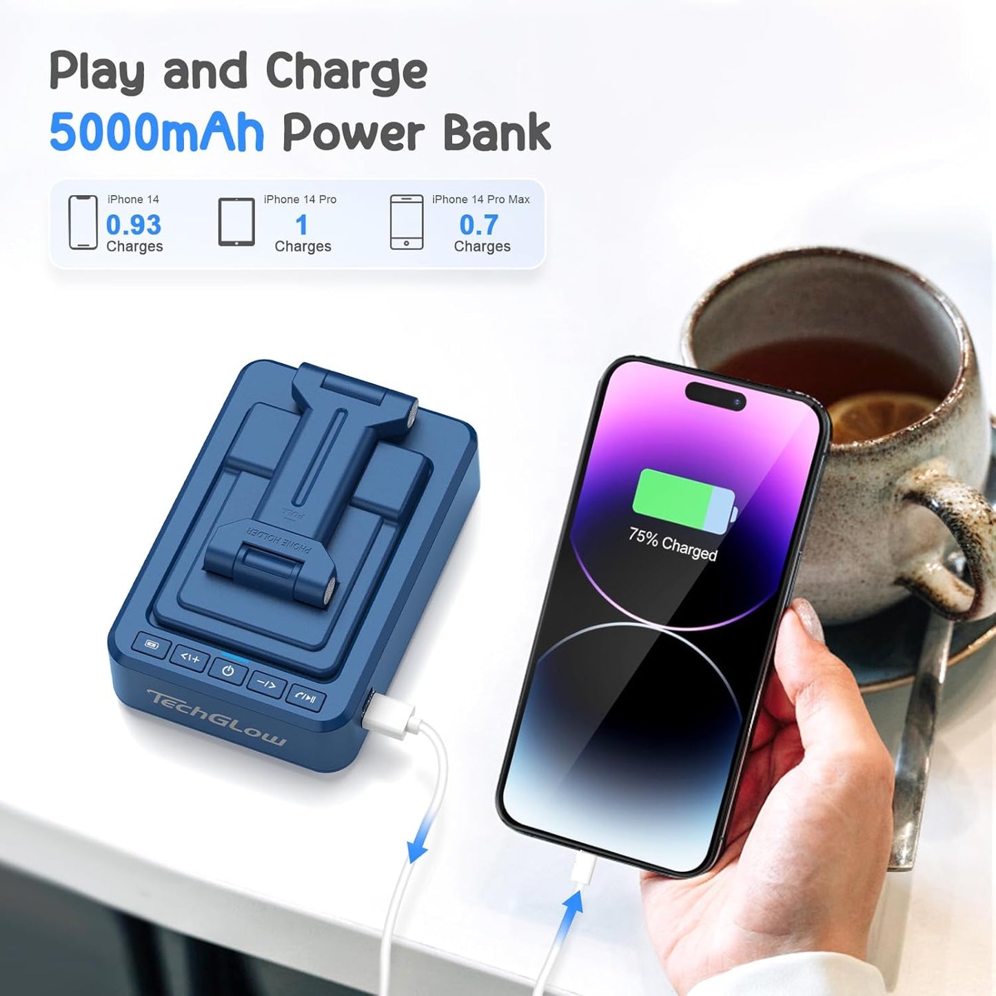 TechGlow Gifts for Men Women Foldable Cellphone Stand with Bluetooth Speaker and Power Bank Birthday Gift Idea for Mom Dad Cool Gadget Tech Gifts-Blue