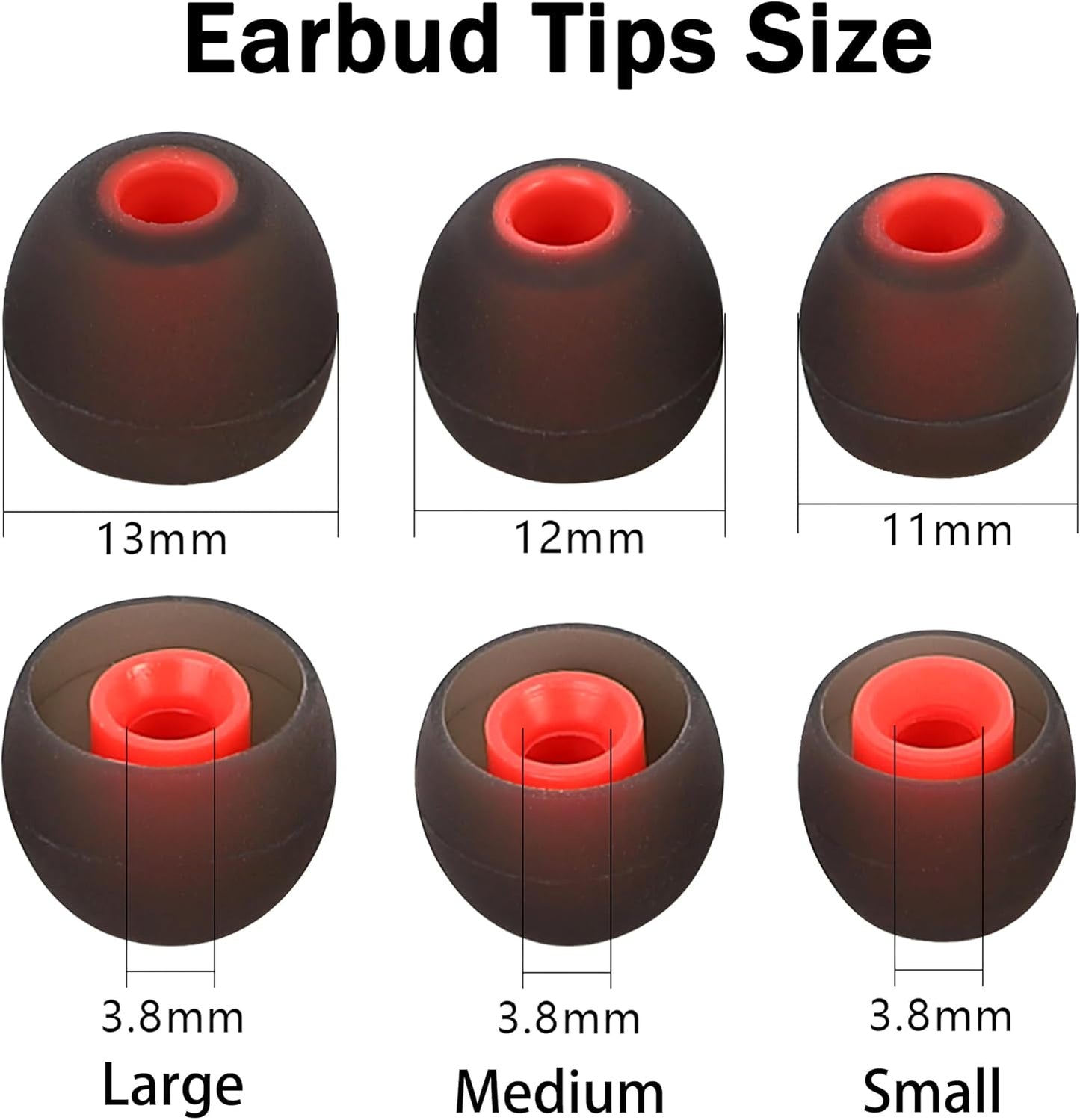 Silicone Earbud Tips - Fit Most In-Ear Earbuds (Inner Hole 3.8mm - 5.1mm) - 9 Pairs S M L