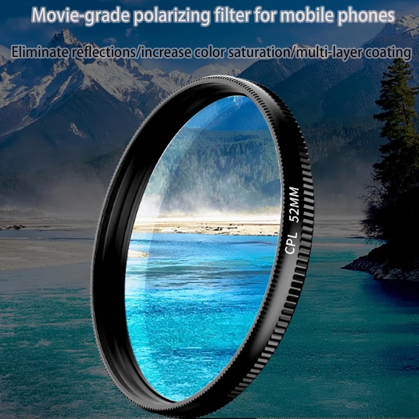 52mm Clip-On Cpl Phone Camera Lens Filter Kit, Circular Polarizer Polarizing Filter Compatible with Most Cell Phones, Cell Phone Lens Polarizing Filter for Iphone with Cleaning Cloth and Case Box(2pcs