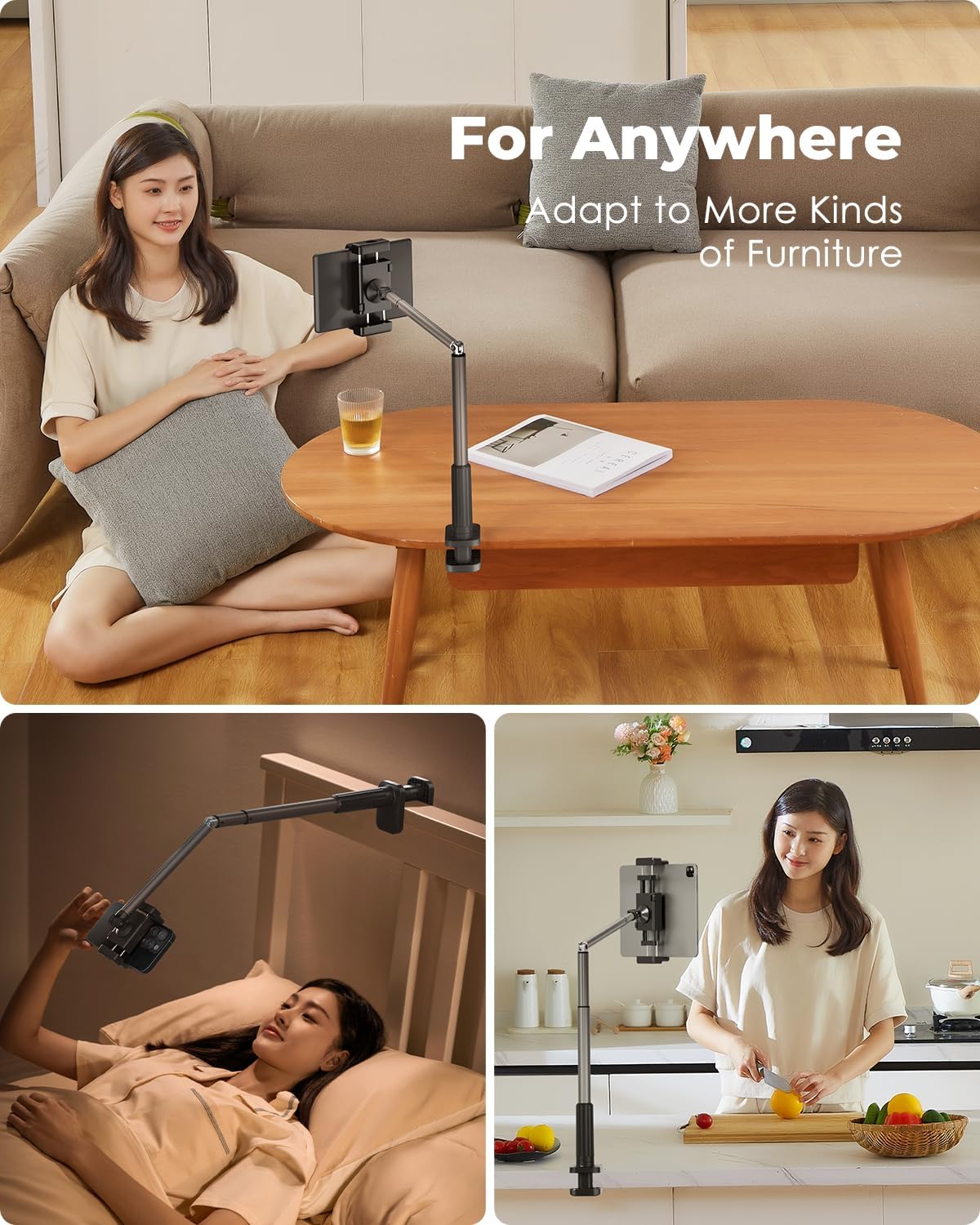 Viozon Tablet Holder Stand, Phone/Kindle Holder with Flexible Aluminum Alloy Long Arm, C Clamp for Headboard Bedside&Table, Compatible with 3.5-11" iPad,Kindle, iPhone 15 14 Plus/Pro Max,B