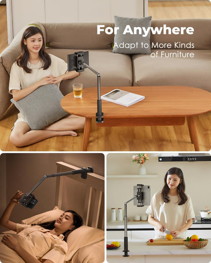 Viozon Tablet Holder Stand, Phone/Kindle Holder with Flexible Aluminum Alloy Long Arm, C Clamp for Headboard Bedside&Table, Compatible with 3.5-11" iPad,Kindle, iPhone 15 14 Plus/Pro Max,B
