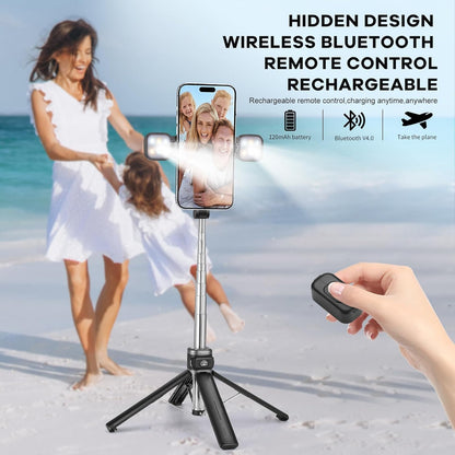 MQOUNY Mini iPhone Tripod Stand & Selfie Stick with Wireless Remote & Removable Light, Extendable Stand 360 Rotation Compatible with iPhone & Android Samsung (Black)